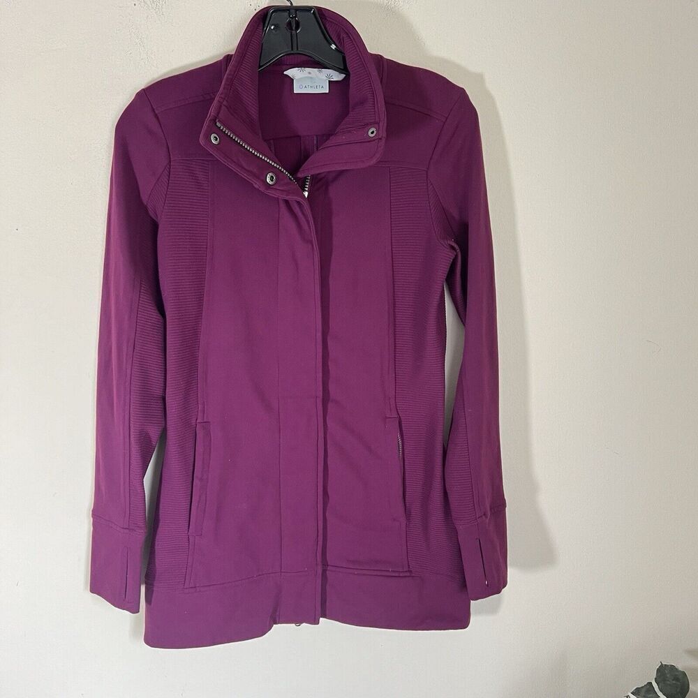 Athleta Womens Jacket Size M Purple Zip Pockets Stretch Thumb hole High Neck